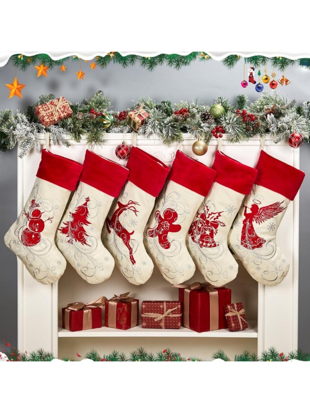 Large Velvet Christmas Stockings 6 Pack - 20" Embroidered Holiday Decor for